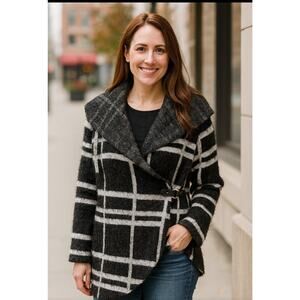 Black White Twill L‎ Metallic Plaid Cardigan Jacket Dark Academia Fisherman Boho